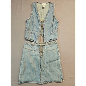 Y2K Faded Glory Vintage Denim Vest & Skirt Set Lace Up Size 12 Top Size 10 Skirt